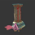 Modern Setting Showcasing Ancient Ruined Brick Pillar With Stone Base Wooden Logs And Grass
